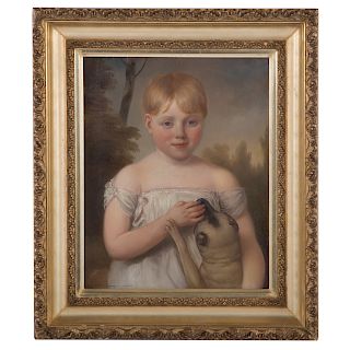 American School, 19th c. Child with Dog, oil