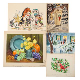 Five unframed Christmas themed illustrations