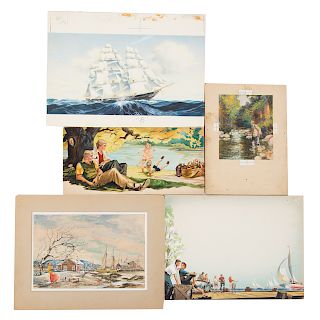 Five unsigned assorted watercolor illustrations