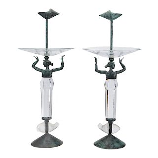 Pair Moser glass and bronze Roma candlesticks