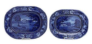 Two Historical Blue Staffordshire Picturesque Scenery Platters, R. Halls, Width of first 17 inches.