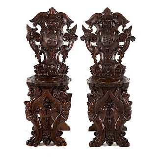 Pair Italian carved walnut Sgabello Hall Chairs