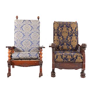 Two Morris walnut reclining arm chairs