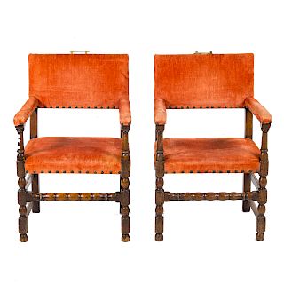 Pair Charles II style oak upholstered armchairs