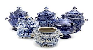 Six Historical Blue Staffordshire Table Articles, Height of first 6 inches.