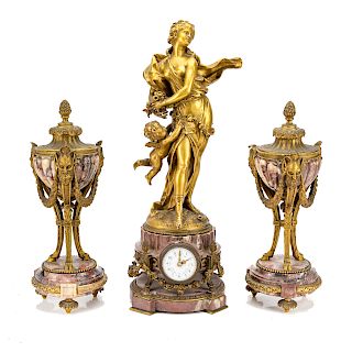 Napoleon III rouge marble/bronze clock garniture