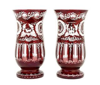 Two Cranberry Glass Vessels, Height 12 x diameter 6 5/16 inches
