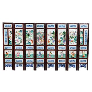 Chinese Famille Rose porcelain/wood screen