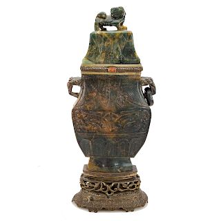 Chinese brass mounted carved jade urn lamp
