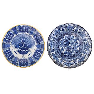 Two Dutch blue and white Delftware chargers