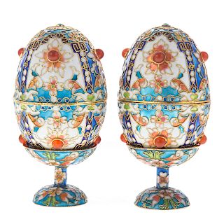 Pair Russian enamel egg boxes with stands