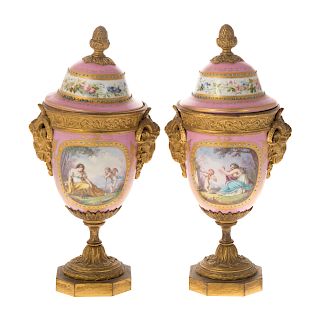 Pair Sevres manner gilt-bronze porcelain urns