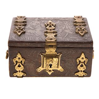 German etched leather and brass mounted box