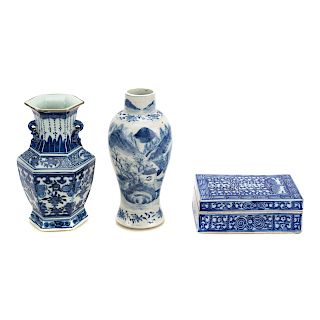 Three Chinese Export blue and white articles