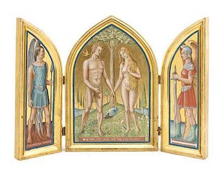 An Ecclesiastical Triptych, Height 16 1/2 x width (open) 22 3/4 inches.