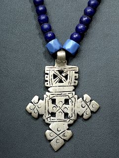 20th C. Ethiopian Glass Bead Necklace w/ Coptic Cross