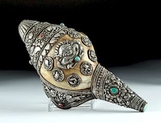 Huge 19th C. Tibet Silver, Coral, Turquoise Conch Shell