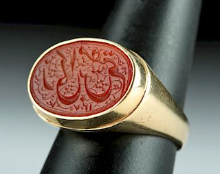 19th C. Islamic Carnelian Intaglio 14K Gold Ring 12.4 g