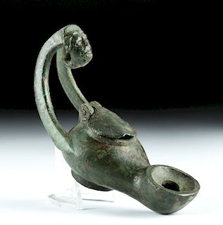 Roman Bronze Oil Lamp with Face on Handle