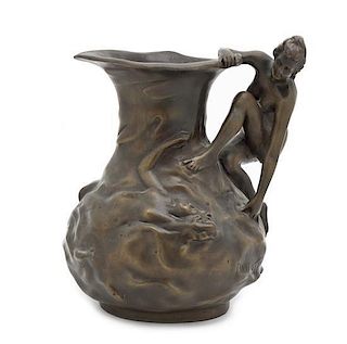 A Bronze Handled Pitcher, after Lucien Charles Edouard Alliot, Height 9 inches.