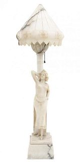 A Carved Alabaster Figural Lamp, Height 24 1/8 x width 7 3/4 x depth 6 inches.