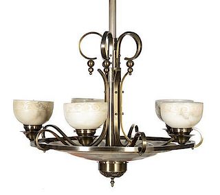 A Bronze and Alabaster Five-Light Chandelier, Height 32 inches.