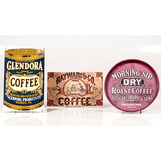 Glendora Tin Sign, Morning Sip Dry Roast Coffee Tin Tray, and Hayward & Co. Lithographed Sign