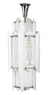 An Etched Glass and Nickel Plate Chandelier, Height 41 1/2 inches.