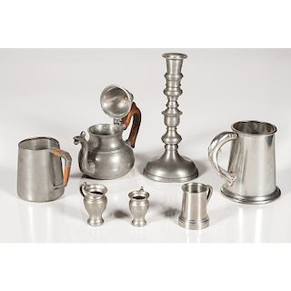 Pewter Candlestick, Teapot and Measures