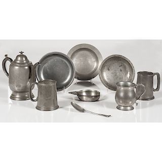 Pewter Coffee Pot, Mugs, and Plates