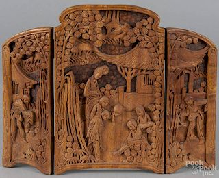 Chinese carved wood triptych table screen, early 20th c., 11 1/2'' x 14 1/2''.