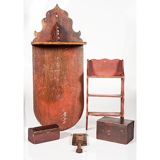 Group of Wooden Boxes, Paddle, and Hanging Shelves