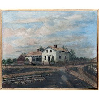American School Painting of White Clapboard House
