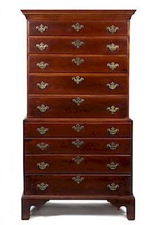 An American Mahogany Chest on Chest, Height 73 1/4 x width 39 x depth 19 3/4 inches.