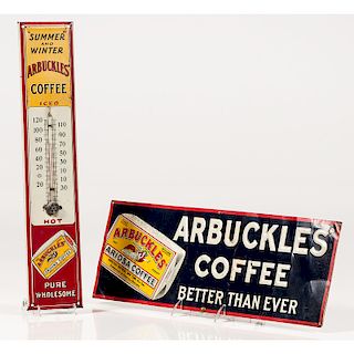 Arbuckles Tin Sign and Advertising Thermometer