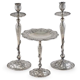 SHREVE & CO. SAN FRANCISCO STERLING SILVER PAIR OF TALL CANDLESTICKS & COMPOTE