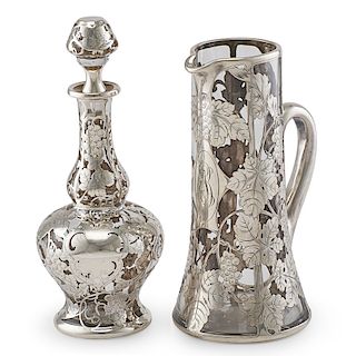 STERLING SILVER OVERLAY GLASS PITCHER & DECANTER