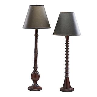 TWO SIMILAR EBONIZED WOOD TABLE LAMPS