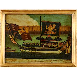 ENGLISH REVERSE PAINTED GLASS BARGE SCENE