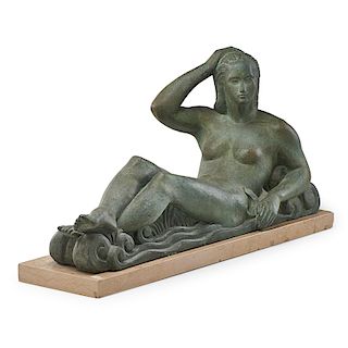 PATINATED BRONZE RECLINING FEMALE NUDE