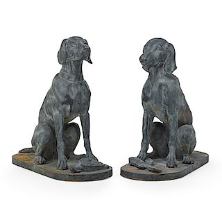 PAIR OF PATINATED METAL DOGS