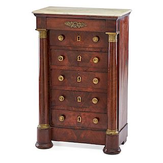 EMPIRE STYLE MAHOGANY MINIATURE TALL CHEST OF DRAWERS