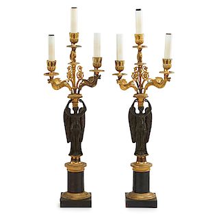 PAIR OF EMPIRE STYLE GILT BRONZE CANDELABRA LAMPS