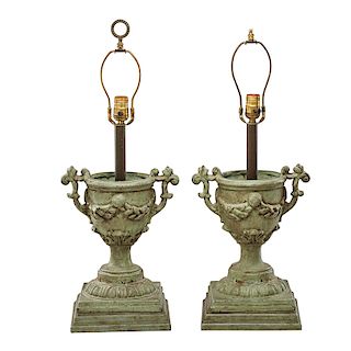 PAIR OF PATINATED METAL URN FORM LAMPS