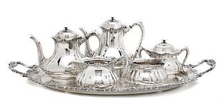 An American Silverplate Tea and Coffee Service, Reed & Barton, Height of tallest 7 1/2 inches.