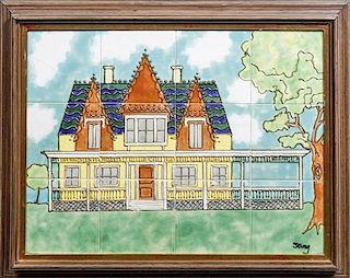 A Painted Ceramic Tile Scene, Harris Strong, Height 17 3/4 x width 23 3/4 inches.