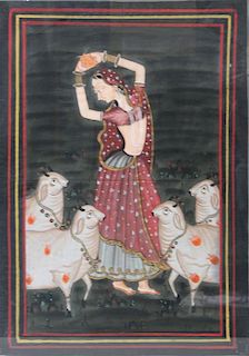 INDIAN. Gouache on Fabric. Woman with Livestock.