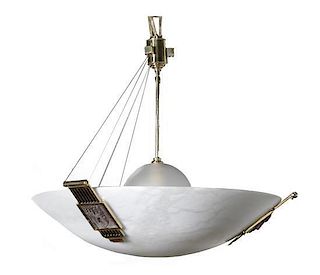 An Art Deco Brass and Frosted Glass Hanging Light Fixture, Height 27 inches.