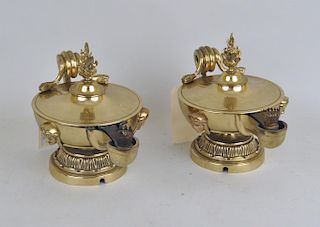 Pair Antique Classical Urn Form Brass Oil Lamps