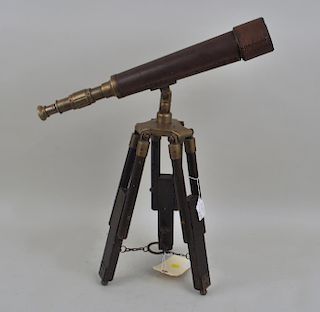 Vintage Brass, Wood & Leather Tabletop Telescope